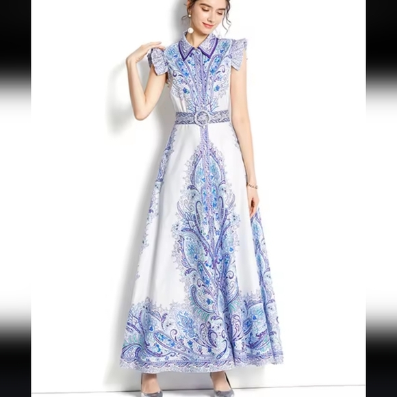 Karolina Elegant White and Blue Paisley Sleeveless  Maxi Ruffle Dress Small - Picture 1 of 9